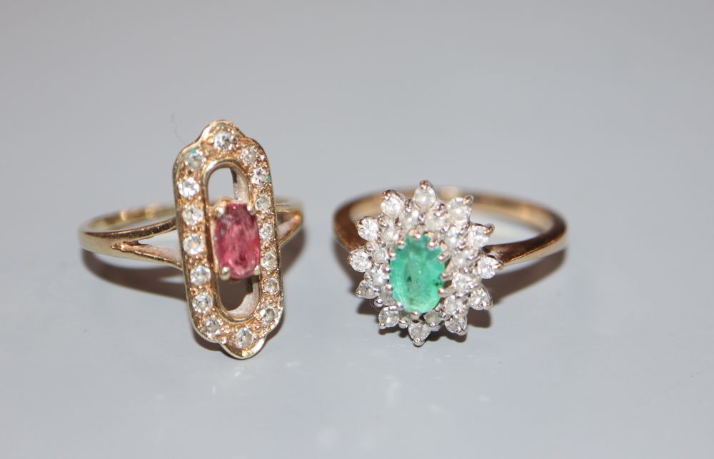 Two modern 9ct gold and gem set rings, emerald and diamond cluster and ruby and diamond cluster